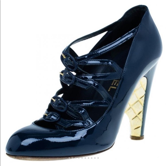 CHANEL Shoes - Chanel Blue & Gold Strappy Mary Janes